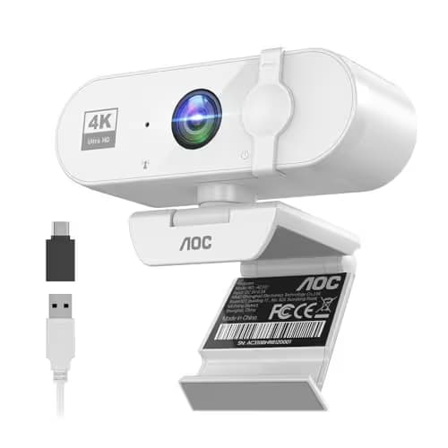 AOC White 4k Webcam for PC with Microphone, Computer Camera with Noise Cancellation, Privacy Cover, 99° FOV, Plug & Play USB Webcam for Streaming, Conferencing, Zoom, Skype, Facetime main image