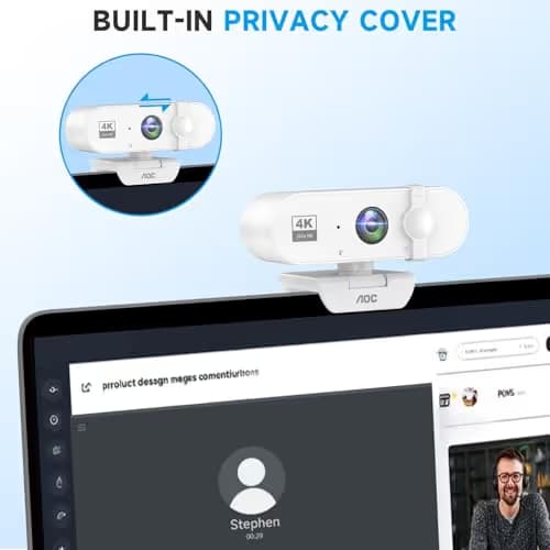 AOC White 4k Webcam for PC with Microphone, Computer Camera with Noise Cancellation, Privacy Cover, 99° FOV, Plug & Play USB Webcam for Streaming, Conferencing, Zoom, Skype, Facetime image