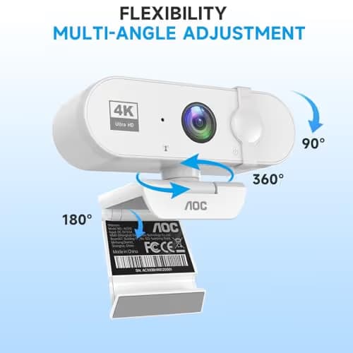 AOC White 4k Webcam for PC with Microphone, Computer Camera with Noise Cancellation, Privacy Cover, 99° FOV, Plug & Play USB Webcam for Streaming, Conferencing, Zoom, Skype, Facetime image