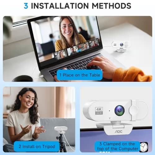 AOC White 4k Webcam for PC with Microphone, Computer Camera with Noise Cancellation, Privacy Cover, 99° FOV, Plug & Play USB Webcam for Streaming, Conferencing, Zoom, Skype, Facetime image