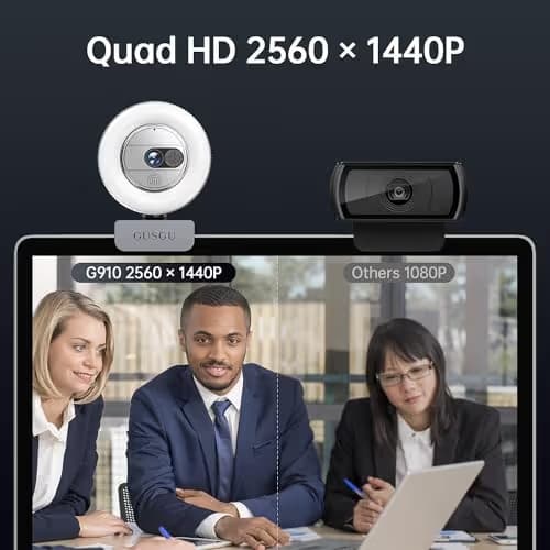 GUSGU 2K QHD Webcam with Microphone and Ring Light, G910 Web Camera Privacy Cover, USB Plug&Play Computer Camera for PC/Desktop/Laptop/Mac, Streaming Camera for Video Conferencing image