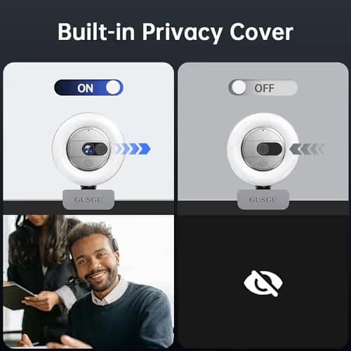 GUSGU 2K QHD Webcam with Microphone and Ring Light, G910 Web Camera Privacy Cover, USB Plug&Play Computer Camera for PC/Desktop/Laptop/Mac, Streaming Camera for Video Conferencing image
