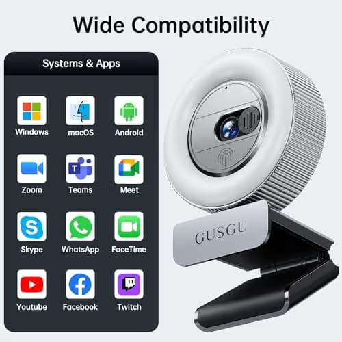 GUSGU 2K QHD Webcam with Microphone and Ring Light, G910 Web Camera Privacy Cover, USB Plug&Play Computer Camera for PC/Desktop/Laptop/Mac, Streaming Camera for Video Conferencing image