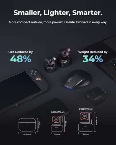 OBSBOT Tiny 3 AI-Powered Spatial Audio 4K Webcam, AI Tracking PTZ Camera with 1/1.28" Sensor, Tri-Mic, Voice & Gesture Control, 120FPS, HDR, Web Cam for PC, Laptop, Streaming, Meeting, Switch 2, etc. image