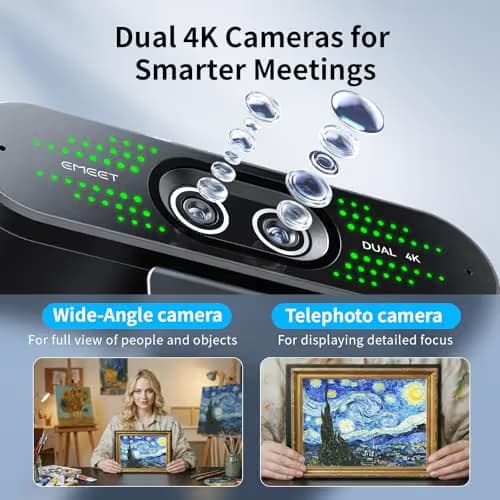 EMEET NOVA 4K Dual-Camera 4K Webcam for PC, Wide-Angle and Telephoto Cameras, Max 11X Hybrid Zoom, PDAF Focus, Remote Control, RGB Lights, Webcam with Microphone for Business or Personal Online Calls image