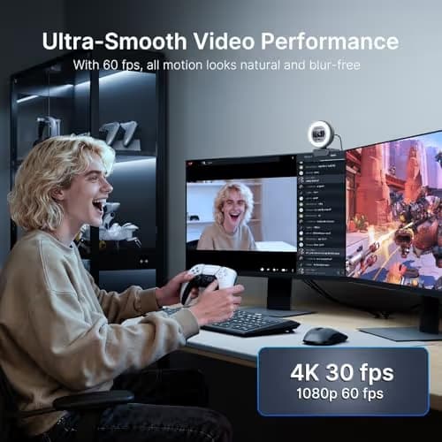 NexiGo N930E Pro, 4K Webcam with Ring Light, PDAF Autofocus, 1080P@60FPS, Dual Noise-Canceling Mics, Built-in Privacy Shutter, Web Cam for Streaming, Meeting, Gaming image