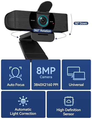 RUWBY UHD 4K Webcam with Built-in Dual Mics, Wide-Angle Lens, Privacy Cover, Tripod Stand, Autofocus Computer Camera, Plug and Play for Desktop PC or Laptop image