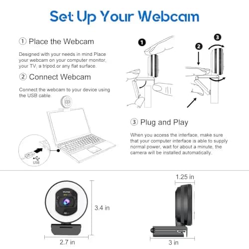 Galyimage 4K Webcam with Ring Light Web Cam 4K Autofocus with TOF Computer Camera 1080P 60FPS Web Camera Built-in Privacy Cover and Microphone Streaming Webcams for Zoom/Skype/Google Meet image