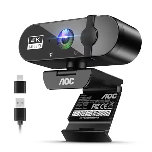 AOC 4k Webcam for PC with Microphone, Computer Camera with Noise Cancellation, Privacy Cover, 99° FOV, Plug & Play USB Webcam for Streaming, Conferencing, Zoom, Skype, Facetime, Laptop, PC, Skype image