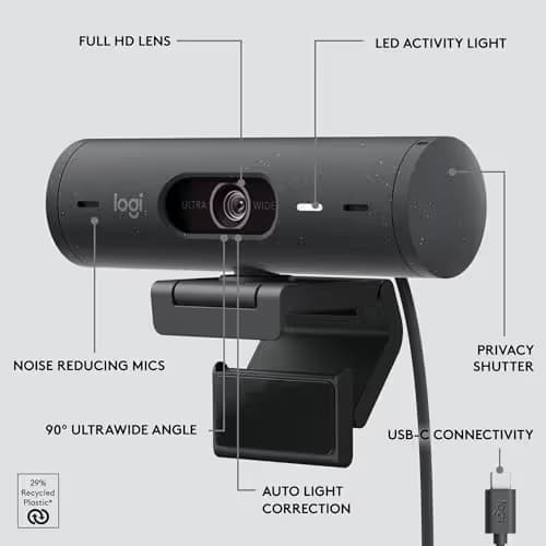 Logitech Brio 500 Full HD Webcam with Auto Light Correction, show Mode, Dual Noise Reduction Mics, Webcam Privacy Cover, Works with Microsoft Teams, Google Meet, Zoom, USB-C Cable, Streaming -Graphite image