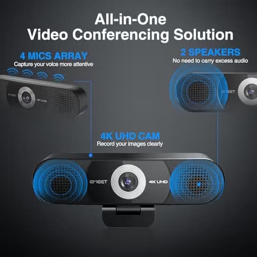 EMEET C980 PRO 3-in-1 4K Webcam with Microphone and Speaker, 60°-98° Wide Angle Webcam w/ 4 Noise Cancel Mics, 2 Speakers, Fixed Focus, Magnetic Privacy Cover, Great for Group and Personal Video Calls image