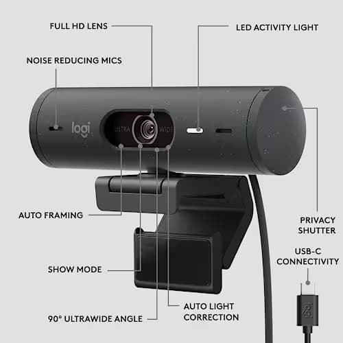 Logitech Brio 505 Full HD 1080p Webcam with auto Light Correction, framing, Dual Noise Reduction mics, Privacy Shutter - Works with Teams, Meet, Zoom, TAA Compliant. image