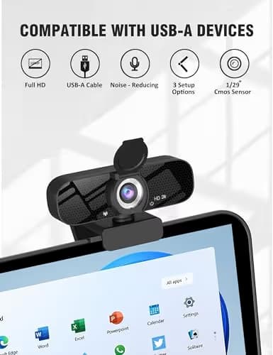 Tewiky Full HD Webcam with Built-in Microphone and Rotatable Tripod, 2K Video and Wide Angle Camera, Privacy Cover, for Desktop PC or Laptop Computer image