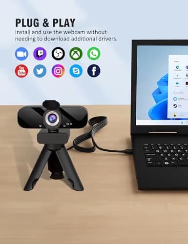 Tewiky Full HD Webcam with Built-in Microphone and Rotatable Tripod, 2K Video and Wide Angle Camera, Privacy Cover, for Desktop PC or Laptop Computer image
