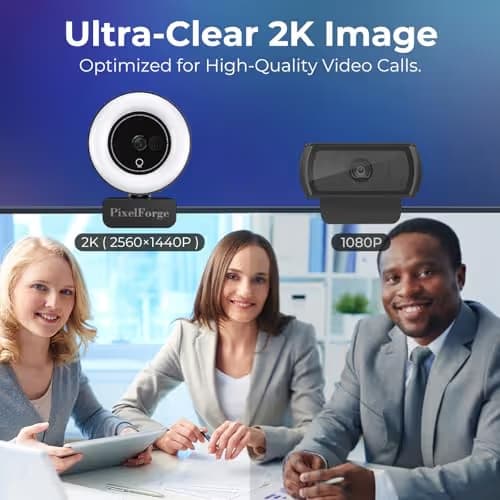PixelForge 2K Webcam for PC with Microphone & Light & Privacy Cover, Web Camera for Desktop Computer/Laptop/Monitor/Mac, USB Streaming Camera for Zoom/Skype/Teams/Video Calling/Studying and Conference image