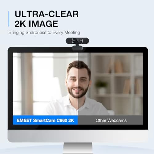 EMEET C960 2K Webcam with Microphone, 2K QHD, 2 Omnidirectional Mics, PDAF Autofocus Streaming Camera with Privacy Cover, Plug&Play USB Webcam for Calls/Conference, Zoom/Skype/YouTube, Laptop/Desktop image