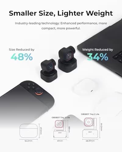 OBSBOT Tiny 3 Lite AI-Powered Spatial Audio 4K Webcam - Compact AI Tracking PTZ Camera with 1/2" Sensor, Tri-Mic, Voice Control, 120FPS, HDR, Webcam for PC, Mac, Laptop, Streaming, Meeting, Switch 2 image