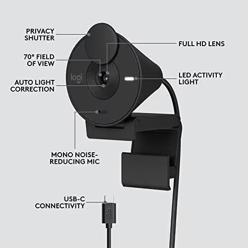 Logitech Brio 301 Full HD Webcam with Privacy Shutter, Noise Reduction Microphone, USB-C, Certified for Zoom, Microsoft Teams, Google Meet, Auto Light Correction - Black image