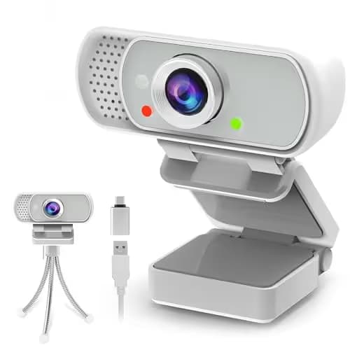 Webcam with Tripod Privacy Shutter: 1080P FHD Web Camera with Mic, Plug & Play USB A USB C Webcam with Stand, White Wide Angle Noise-Canceling Microphone Compact Web Cam for Online Meeting Classes image