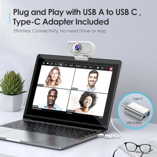 Webcam with Tripod Privacy Shutter: 1080P FHD Web Camera with Mic, Plug & Play USB A USB C Webcam with Stand, White Wide Angle Noise-Canceling Microphone Compact Web Cam for Online Meeting Classes image