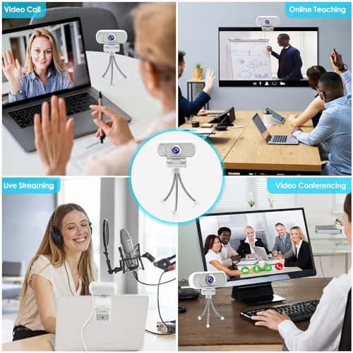 Webcam with Tripod Privacy Shutter: 1080P FHD Web Camera with Mic, Plug & Play USB A USB C Webcam with Stand, White Wide Angle Noise-Canceling Microphone Compact Web Cam for Online Meeting Classes image