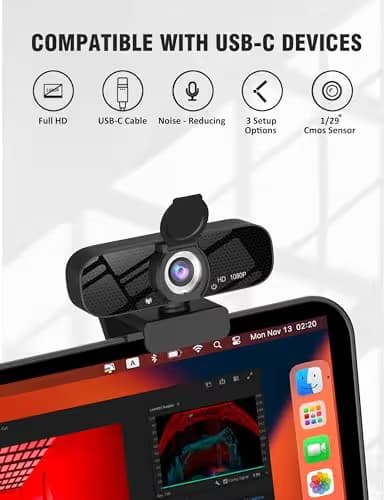 Tewiky Full HD Webcam with Built-in Microphone and Rotatable Tripod, 1080P Video and Wide Angle Camera, Privacy Cover, for Desktop PC or Laptop Computer image