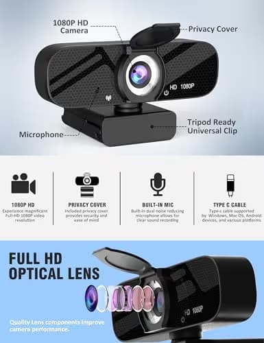 Tewiky Full HD Webcam with Built-in Microphone and Rotatable Tripod, 1080P Video and Wide Angle Camera, Privacy Cover, for Desktop PC or Laptop Computer image