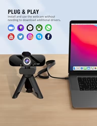 Tewiky Full HD Webcam with Built-in Microphone and Rotatable Tripod, 1080P Video and Wide Angle Camera, Privacy Cover, for Desktop PC or Laptop Computer image
