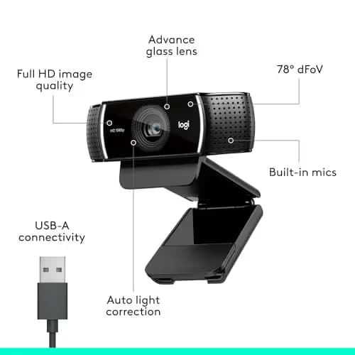 Logitech C922x HD Pro PC Webcam, Full HD 1080p/30fps or 720p/60fps Video, HD Light Correction, Works with Microsoft Teams, Google Meet, Zoom, Nintendo Switch 2’s new GameChat mode, Mac/Tablet- Black image
