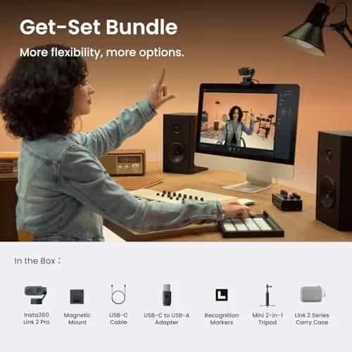 Insta360 Link 2 Pro Get-Set Bundle – 4K PTZ Webcam for PC/Mac, 1/1.3” Sensor, Low-Light, AI Tracking, HDR, Directional Noise-Canceling Mics, Supports Stream Deck, Zoom, Teams, Twitch for Streaming image