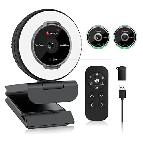 Angetube Streaming Webcam with Microphone: 1080P 60FPS USB Web Cam with Ring Light and Remote Control - HD Web Camera with 5X Digital Zoom Built in Privacy Cover,for PC|Computer|Laptop|Mac|Desktop main image