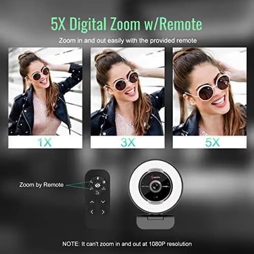 Angetube Streaming Webcam with Microphone: 1080P 60FPS USB Web Cam with Ring Light and Remote Control - HD Web Camera with 5X Digital Zoom Built in Privacy Cover,for PC|Computer|Laptop|Mac|Desktop image