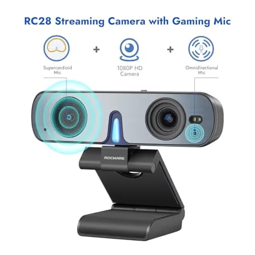 ROCWARE RC28 1080P 60FPS Webcam with Dual Microphones | Cardioid & Omnidirectional Pickup, Hi-Fi Sound, AI Noise Cancellation & Raw Audio Modes for Streaming, Video Calls & Studio-Quality Recording image