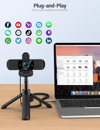 RUWBY QHD 2K Webcam with Built-in Dual Mics, Wide-Angle Lens, Privacy Cover, Tripod Stand, Autofocus PC Camera, Plug and Play for Desktop Computer or Laptop image