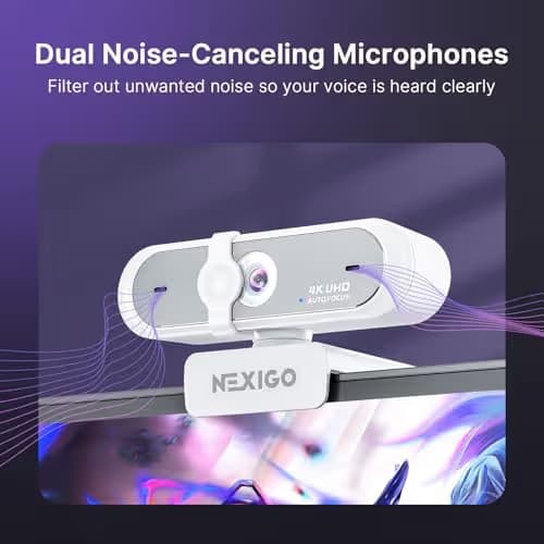 NexiGo N660P Pro 4K Webcam with Distortion-Free Lens, 1080p 60 fps Autofocus USB Streaming Camera, 3DNR, Noise-Canceling Mics & Privacy Cover, Web Cam for Gaming/Live Streaming/PC/Mac/Switch 2, White image