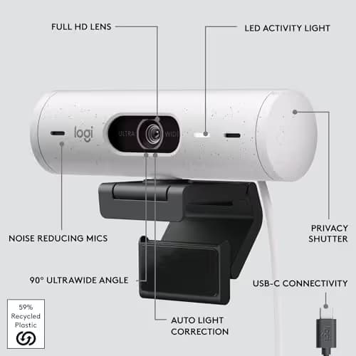 Logitech Brio 500 Full HD Webcam with Auto Light Correction,Show Mode, Dual Noise Reduction Mics, Webcam Privacy Cover, Works with Microsoft Teams, Google Meet, Zoom, USB-C Cable - Off White image