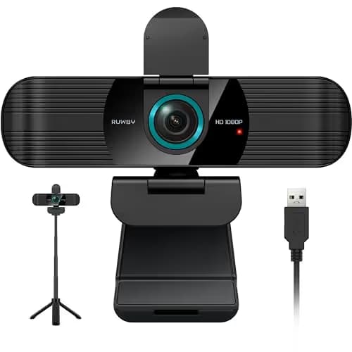 RUWBY Full HD 1080P Webcam with Built-in Dual Mics, Wide-Angle Lens, Privacy Cover, Tripod Stand, Autofocus Computer Camera, Plug and Play for Desktop PC or Laptop image
