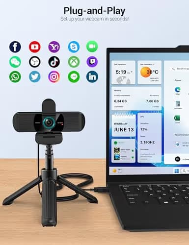 RUWBY Full HD 1080P Webcam with Built-in Dual Mics, Wide-Angle Lens, Privacy Cover, Tripod Stand, Autofocus Computer Camera, Plug and Play for Desktop PC or Laptop image