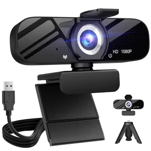 Tewiky Full HD Webcam with Built-in Microphone and Rotatable Tripod, 1080P Video and Wide Angle Camera, Privacy Cover, for Desktop PC or Laptop Computer image
