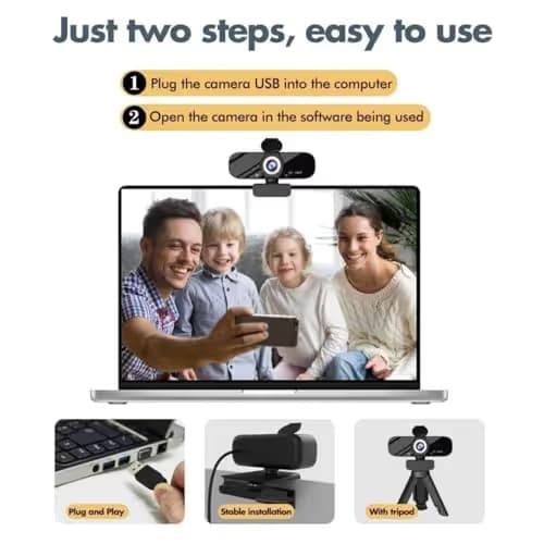 Tewiky Full HD Webcam with Built-in Microphone and Rotatable Tripod, 1080P Video and Wide Angle Camera, Privacy Cover, for Desktop PC or Laptop Computer image