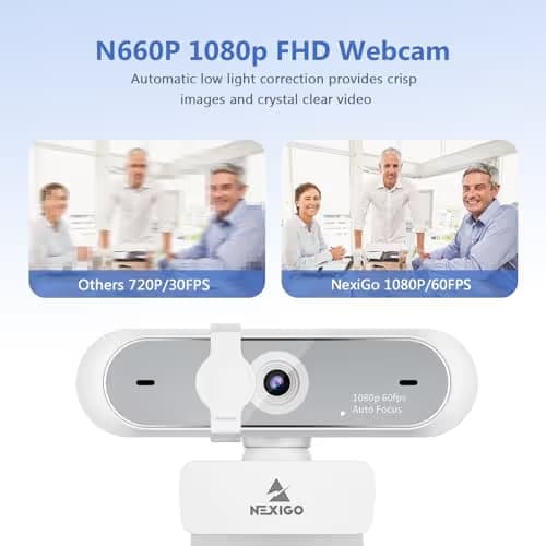NexiGo N660P (Gen 2) 1080P 60FPS Webcam with Software Control, Dual Microphone & Cover, Autofocus, HD USB Computer Web Camera, for OBS/Zoom/Skype/FaceTime/Teams/Twitch, White image