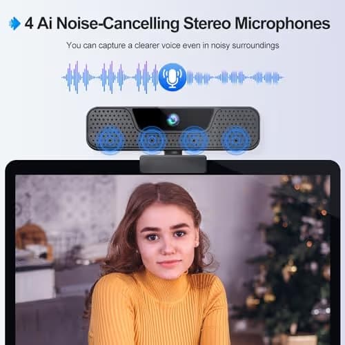 4K Auto Focus Webcam for PC, 4 AI Noise-Canceling Mics UHD Web cam, Auto Light Correction, 85°FOV Computer Web Camera, USB C Plug&Play Webcam with Tripod & Privacy Cover Works w/Zoom/Skype/Google image