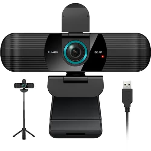 RUWBY QHD 2K Webcam with Built-in Dual Mics, Wide-Angle Lens, Privacy Cover, Tripod Stand, Autofocus Computer Camera, Plug and Play for Desktop PC or Laptop main image