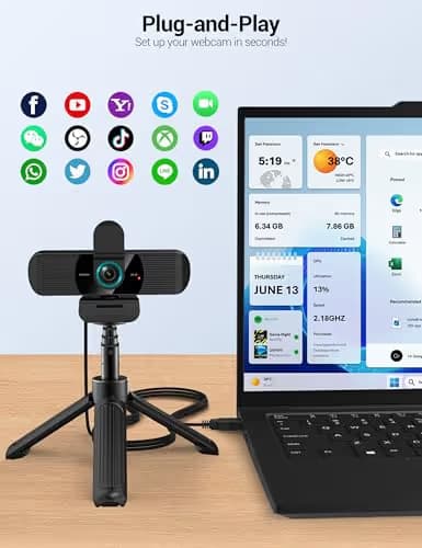 RUWBY QHD 2K Webcam with Built-in Dual Mics, Wide-Angle Lens, Privacy Cover, Tripod Stand, Autofocus Computer Camera, Plug and Play for Desktop PC or Laptop image