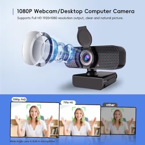 Kemeiv 1080P Webcam PC Webcam with Microphoneand Physical Privacy Cover, Noise-CancelingMicrophone, Auto Light Correction, Ultra WideAngle for Conferences/Online Courses/LiveStreaming/Zoom/YouTube image