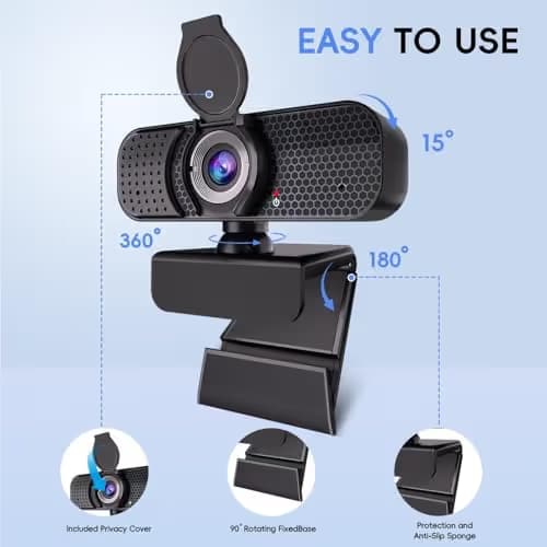 Kemeiv 1080P Webcam PC Webcam with Microphoneand Physical Privacy Cover, Noise-CancelingMicrophone, Auto Light Correction, Ultra WideAngle for Conferences/Online Courses/LiveStreaming/Zoom/YouTube image