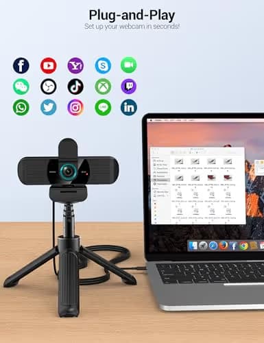RUWBY UHD 4K Webcam with Built-in Dual Mics, Wide-Angle Lens, Privacy Cover, Tripod Stand, Autofocus PC Camera, Plug and Play for Desktop Computer or Laptop image