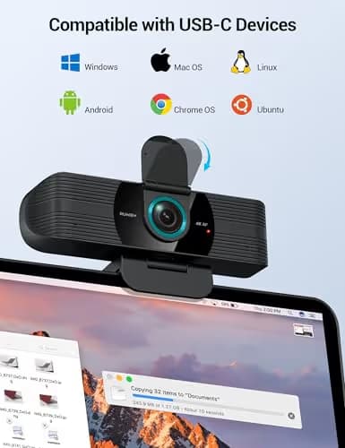 RUWBY UHD 4K Webcam with Built-in Dual Mics, Wide-Angle Lens, Privacy Cover, Tripod Stand, Autofocus PC Camera, Plug and Play for Desktop Computer or Laptop image