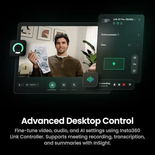 Insta360 Link 2C Pro – 4K Webcam for PC/Mac, 1/1.3” Sensor, Low-Light, Auto Framing, HDR, Directional Noise-Canceling Mics, Supports Stream Deck, Zoom, Teams, Twitch for Streaming or Meetings image