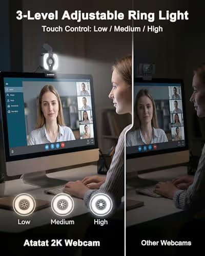 Atatat 2K Webcam for PC with Microphone & Light & Privacy Cover, Web Camera for Desktop/Laptop/Monitor/Mac, Autofocus USB Computer Camera for Zoom/Skype/Teams/Video Calling/Meeting/Streaming image